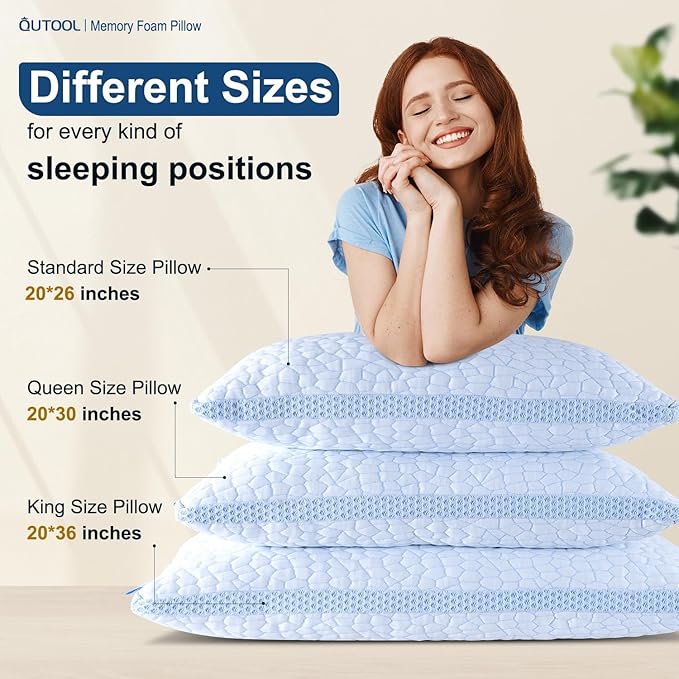 QUTOOL Enhanced Cooling Pillows for Sleeping, CertiPUR-US Shredded Memory Foam Pillows Queen Size Set of 1 for Hot Sleeper, Adjustable Bed Pillow for Side, Back, Stomach Sleepers Support Yet Soft Blue