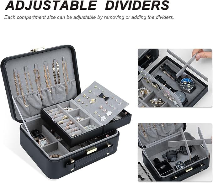 Travel Jewelry Box Jewelry Storage Case Jewelry Suitcase for Women and Men 2 Layer Jewelry Organizer Box with Removable Tray (Black) - Image 6