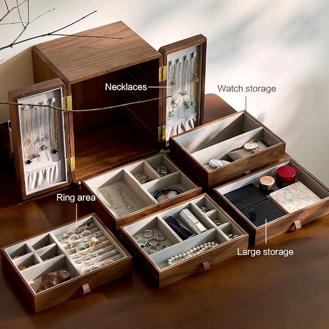 Double Door Jewelry Box - Black Walnut Wood, Velvet Lining, Gold Handle, Magnetic Closure, Handmade Storage Gifts for Mom, Mothers Day | 5-Layer - Image 4