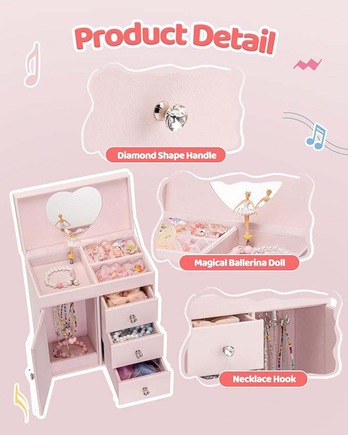 Vlando Musical Jewelry Box for Girls - Valentines Day Gift for Kid - Large Kid Music Box with Ballerina for Birthday Bedroom Decor, 4 Layer Girl Jewelry Gifts for Girls Kids - Light Pink - Image 5