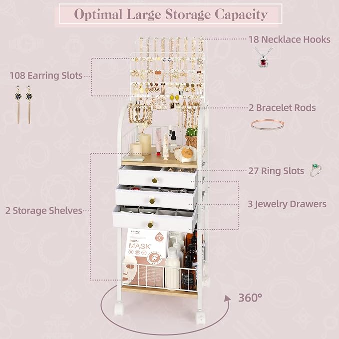 Keebofly Jewelry Organizer Stand with 3 Drawers, Large Necklace Holder & Earring Organizer Rack, Wooden Jewelry Tree Tower for Rings, Bracelets, Sunglasses and Skincare, Gift for Women, White - Image 6