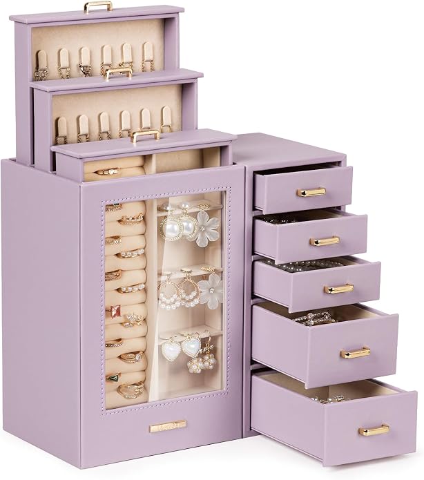 Homde Large Jewelry Box/Organizer/Case with Glass Window, Drawers for Necklaces Earrings Rings Bracelets Watches Gift for Women Girls by Homde