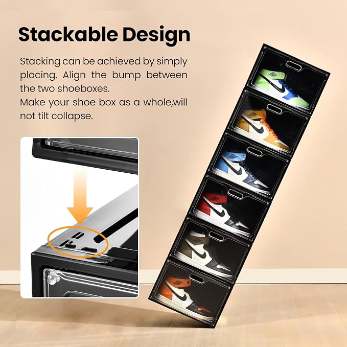 Amllas 8 Pack Shoe Boxes Black Plastic Stackable, Large Shoe Storage Organizer,Drop Side Front Shoe Containers for Entryway,Sneaker Storage Fit up to US Size 13 for Men/Women(13’’x 10.6”x 8.3”) - Image 4