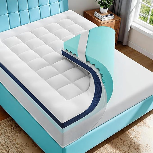 4 Inch Dual Layer Memory Foam Mattress Topper - 2 Inch 1000GSM Fluffy Soft Pillow Top Mattress Pad Cover and 2 Inch Egg Crate Cooling Gel Memory Foam for Back Pain Relief, (Full,54"x75")