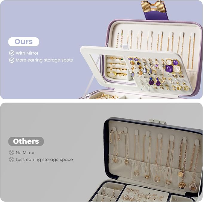 Lolalet 2 Layer Jewelry Box for Teen Girls & Young Women, Jewelry Organizer Case with Bow Clasp and Mirror for Earrings Rings Necklaces Storage, Gift Idea -Purple - Image 5