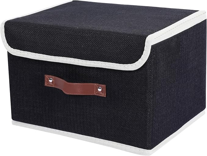 ANMINY Storage Bin with Lid Storage Boxes with PU Leather Handles PP Plastic Board Decorative Foldable Lidded Cotton Linen Fabric Home Cubes Baskets Closet Organizer Container - Black, Medium by ANMINY