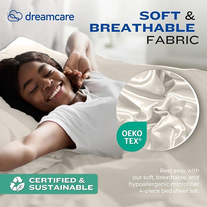 DREAMCARE Full Size Sheets – 4 pcs Cooling Sheets – up to 21” Deep Full Sheet Set – Hotel Luxury Sheets & Pillowcases – Superior Softness 100% Fine Microfiber with Side Pocket – Ivory