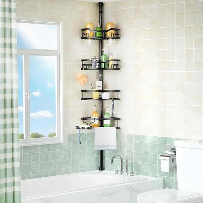 HAMITOR Corner Shower Caddy Tension Pole: Rustproof Stable 4-Tier Bathroom Organizer Shelves for Bathtub Shampoo Storage - 47-121 Inch Quick Install Adjustable Standing Rack with Soap Rack - Black - Image 7