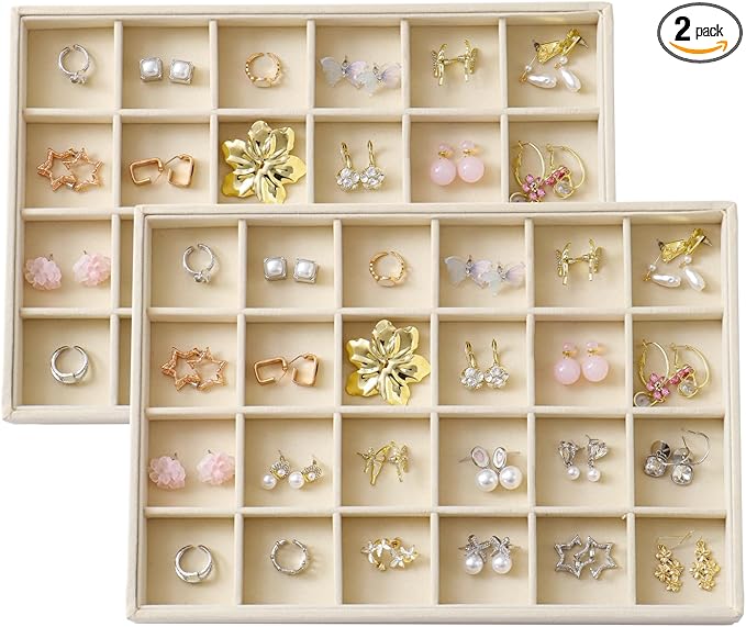 Large Velvet Jewelry Tray 2 Pack Stackable Jewelry Display Drawer Inserts Trays Organizer for Earring Bracelet Necklace Ring (Beige, 24 Grids) by Unknown