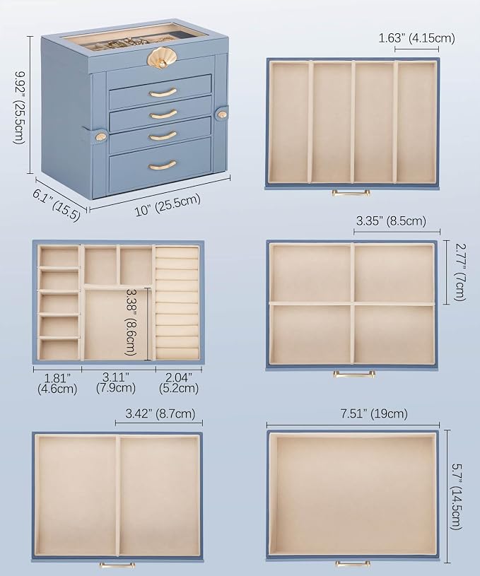 Enthralite Jewelry Box with 4 Drawers: Display Organizer for Earrings Necklaces - Gifts for Girls Women (Grey Blue) - Image 3