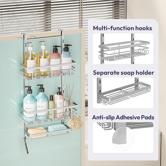 SWTYMIKI Over The Door Shower Caddy - 3 Tier Rustproof Hanging Shower Organizer with Adjustable Shelves, 28 Hooks & Soap Holder, Hanging Shower Rack Storage for Bathroom Accessories, Silver - Image 3