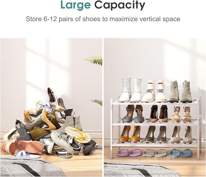 viewcare White Shoe Rack, 3-Tier Bamboo Wood Shoe Rack for Closet, Entryway & Hallway, and Stackable Shoe Shelf Storage Organizer for Indoor and Outdoor - Image 5