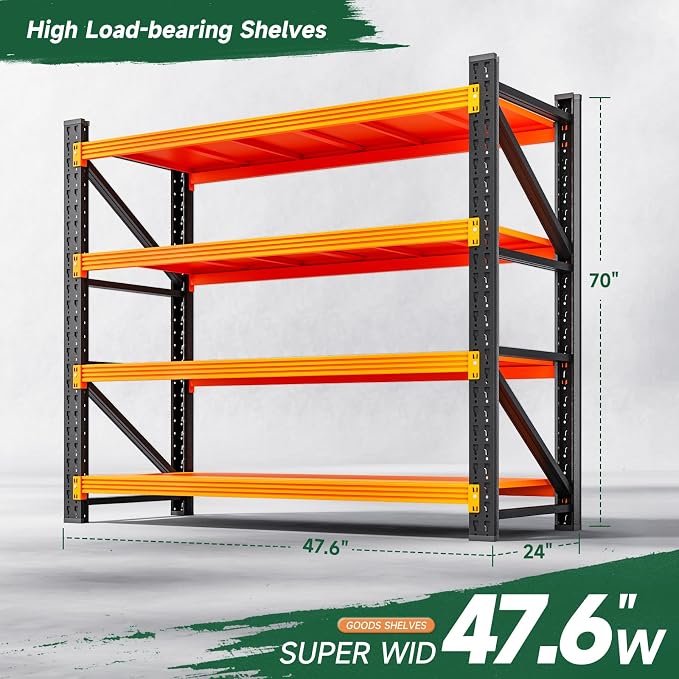 Letaya 3000LBS Heavy Duty Storage Shelves,70" H Metal Garage Shelving Units,4 Tier Large Tall Industrial Shelving,Adjustable Utility Rack Shelf for Warehouse,Basement (Orange, 48" W x 24" D x 70" H) - Image 2
