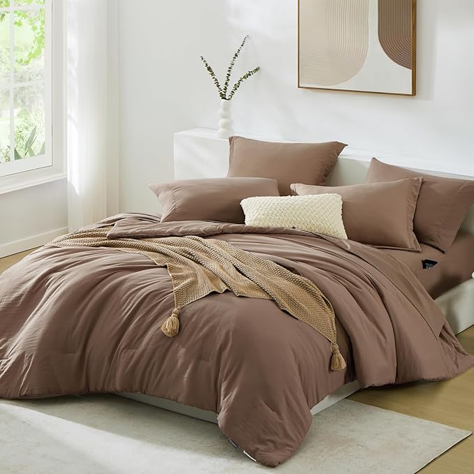 WRENSONGE Queen Size Comforter Sets, 7 Pieces Soft Brown Bed in a Bag with Fitted Sheet, Flat Sheet, 2 Pillow Shams, and 2 Pillowcases- Warm Bedding Sets for All Season
