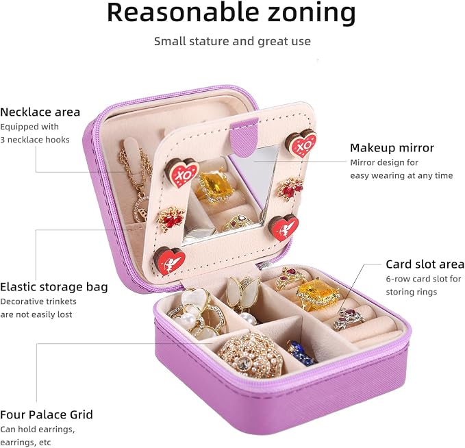 KElofoN Travel jewelry case Travel jewelry box Travel Jewelry Organizer Small Jewelry Organizer Box Gift for Girls Women with Mirror(Purple) - Image 4