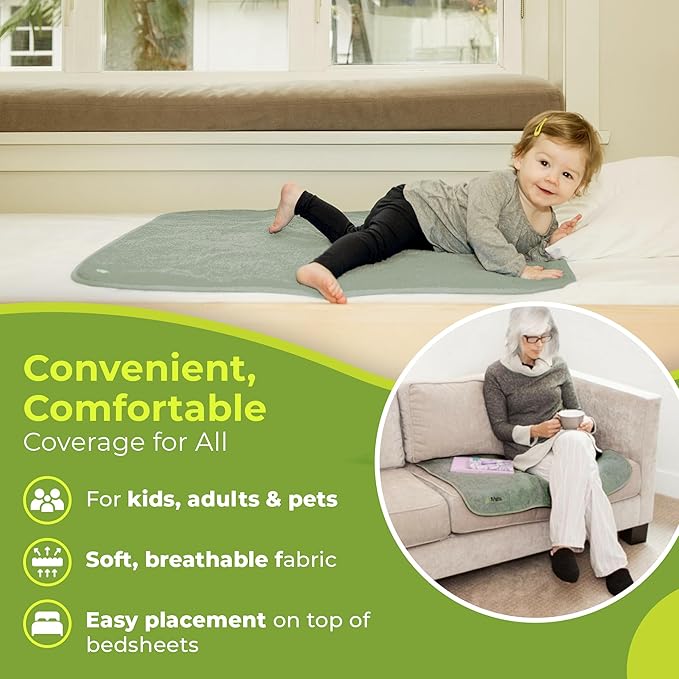 PeapodMats Bedwetting & Incontinence Waterproof Bed Mat - Reusable Underpad. Secure Placement & Breathable. Washable. Enviro Friendly 3x3 (Sage) Mattress Protector & Pee Pad for Kids & Adults