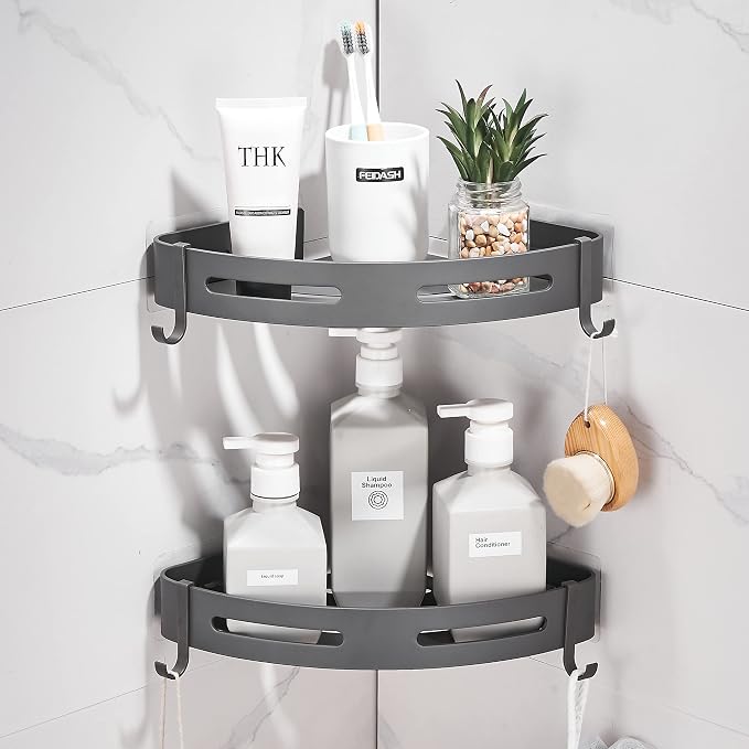 Hoomtaook 2-Tier Corner Shower Shelf No Drilling Bathroom Shelves Shower Caddies Adhesive Bath Corner Shelf Wall Mounted Bathroom Shower Caddy Organizer - Dark Grey by Hoomtaook