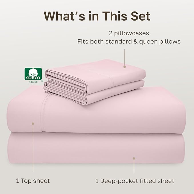California Design Den - Luxury Full Size Sheet Set - 100% Cotton, 600 Thread Count Deep Pocket Full Size Bed Sheets, Sateen Weave - Blush Pink