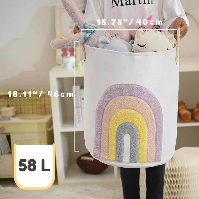 INough Pink Baby Hamper, XL Canvas 58L Laundry Basket with Drawstring Closure, Boho Rainbow Decor - Image 4
