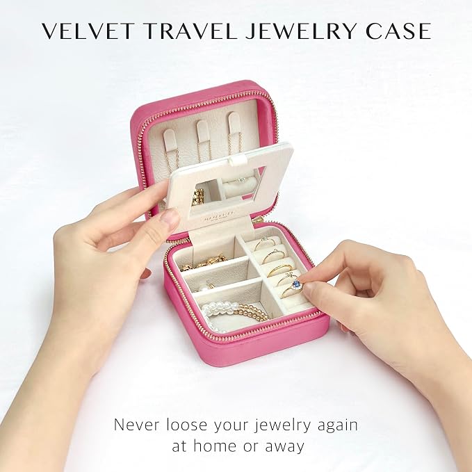 BLUTETE Travel Jewelry Box Organizer Velvet Travel Case With Mirror Ring Earrings Necklaces Storage Organizer Box (Berry Pink) - Image 5