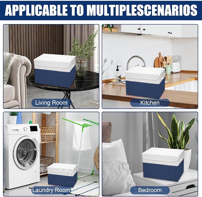 Bagnizer Large 22 Quart Linen Fabric Foldable Storage Bin Cube Organizer Basket with Flip-Top Lid & Handles, Clothes Blanket Box for Home, Office, Closet, Navy Blue & White, 4 Pack 14.6 x 9.5 x 9.5 - Image 7