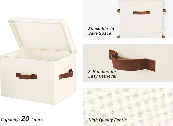 StorageWorks Fabric Storage Bins with Lid, Decorative Storage Boxes for Shelves, Stackable Closet Organizer Basket with Handles, Large, Ivory White, 2-Pack - Image 3
