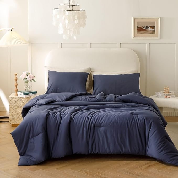 ROSGONIA Oversized Queen Comforter Navy Blue, 3pcs (1 Comforter & 2 Pillowcases) Lightweight Oversized Queen Comforter Sets Bedding Blanket Quilts