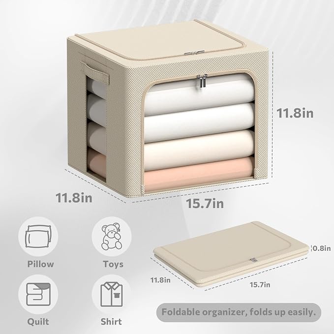 CYhom 3Pack Frame Storage Box - Clothes Storage Bin Bags Oxford Fabric Foldable Stackable Container Organizer Set with Clear Window & Carry Handles (Beige, X-Small-36L) - Image 5