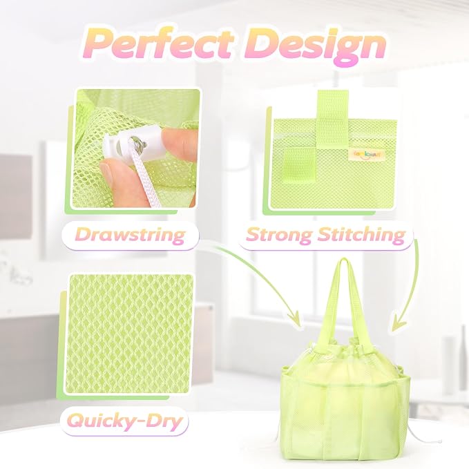 famichan Mesh Shower Caddy Portable with Drawstring, Dorm Room Essentials for College Students Girls & Boys, Large Shower Bag for Camping,Swimming,Gym,Travel,Bathroom - Green - Image 3