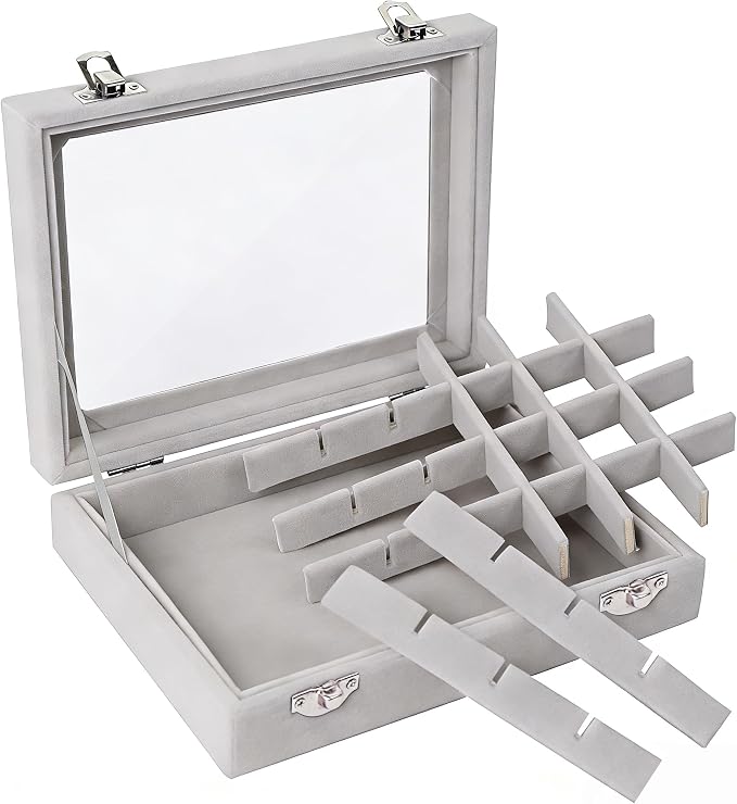 Velvet Jewelry Box 24 Grid Jewelry Earrings Display Organiser Box Ring Tray Holder Earrings Storage Case for Girls Women Wife Mom (Gray) - Image 7