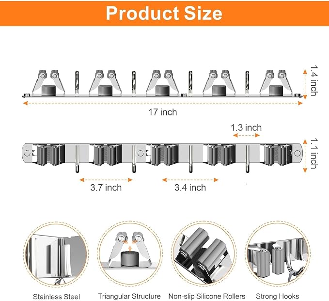 CUXIXA 2 Pack Mop and Broom Holder Wall Mount, Non-slip Broom Hanger Wall Mount, Heavy Duty Mop Broom Organizer for Kitchen Garden Garage Laundry Room Wall Decor Organization and Storage Silver 5R4H - Image 5