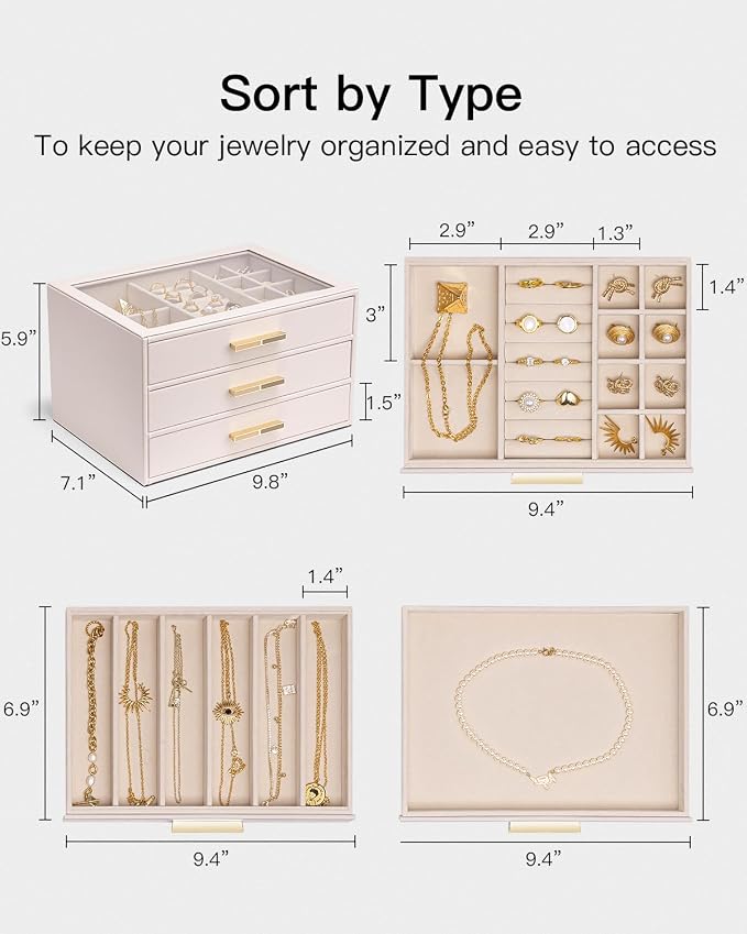Vlando Jewelry Box for Women, Glass Lid Jewelry Organizer with 3 Drawers for Necklaces Rings Earrings Bracelets - Light Pink - Image 6