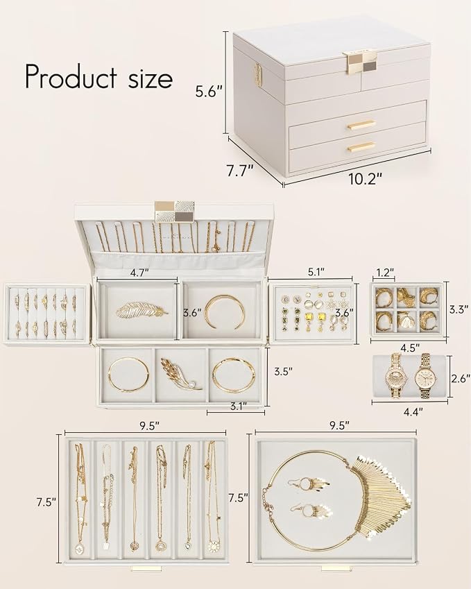 VLANDO 4 Layers Jewelry Box - Women Jewelry Box with Retractable Tray - Jewelry Organizer with Drawer for Necklaces, Rings, Bracelets, Earrings, Valentines Gift for Mom Girls - Cloud White - Image 6