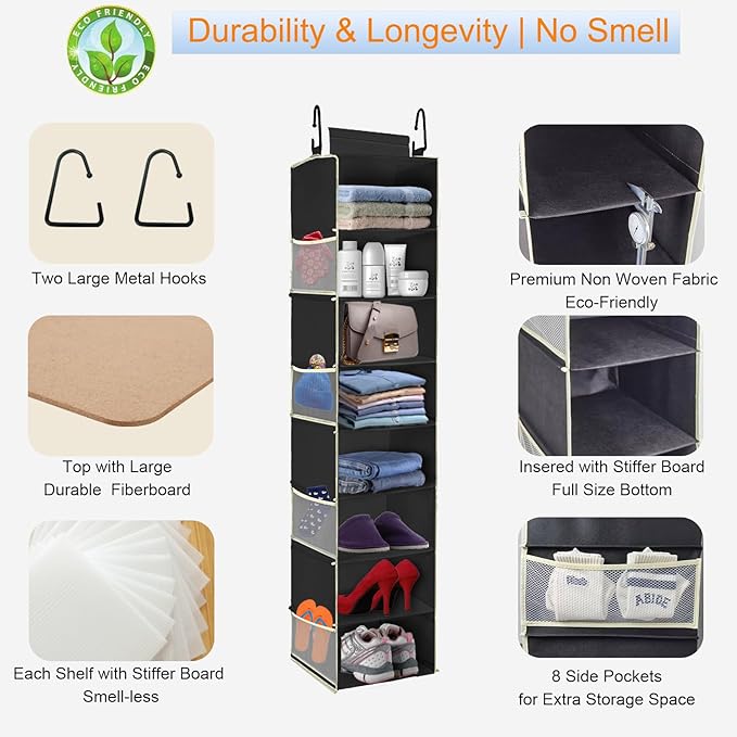 Large-Sized Hanging Shoe Organizer 8-Shelf, Hanging Closet Organizer with 8 Side Pockets, Wider Hanging Shelves for Storage Shoes Clothes 9" W × 11.8" D× 48" H, Black. - Image 5