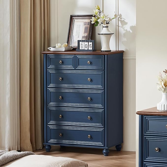 RWYHG Farmhouse 6 Drawer Dresser, Blue Chest of Drawers, 43.5" Tall Dressers for Bedroom with Roman Column and Metal Handles, Rustic Wood Storage Organizer for Living Room, Hallway, Closet