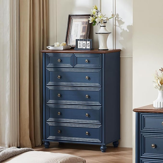 RWYHG Farmhouse 6 Drawer Dresser, Blue Chest of Drawers, 43.5" Tall Dressers for Bedroom with Roman Column and Metal Handles, Rustic Wood Storage Organizer for Living Room, Hallway, Closet