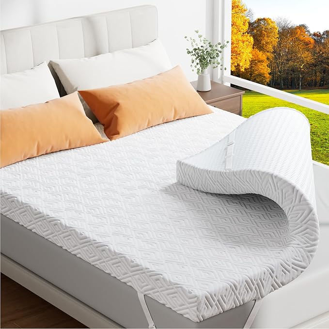 Memory Foam Mattress Topper - 3 Inch Gel Mattress Pad for Pressure Relief, Premium Soft Cooling Sleep Bed Topper, Non-Slip Design with Removable & Washable Cover (White, Queen)