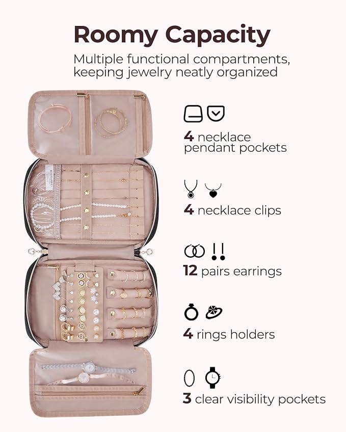 BAGSMART Jewelry Organizer Bag Travel Jewelry Storage Cases for Necklace, Earrings, Rings, Bracelet, Black - Image 3