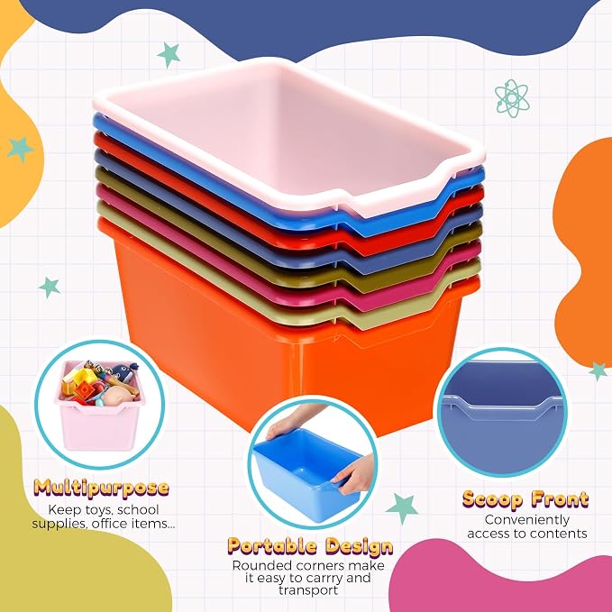 Dandat 16 Pcs Plastic Book Bins for Classroom Library Cubby Bins Scoop Front Stackable Toy Storage Tubs Containers for School Office Home Nursery Playroom Organization(Vintage Color) - Image 2