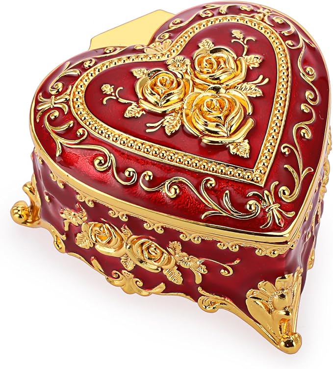 Hipiwe Heart Shape Jewelry Box Classic Metal Trinket Organizer Ring Storage Box with Rose Pattern Jewelry Storage Box for Ring Earrings Necklace, Gift for Women, Red - Image 9