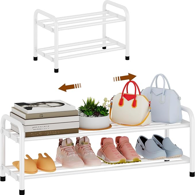 KANAV 2-Tier Expandable Shoe Rack, Heavy Duty Adjustable Metal Shoe Organizer for Closet & Entryway, Freestanding, Tool-Free Assembly, White by Shoeracks