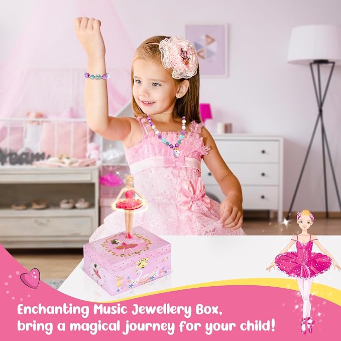 Personalized Initial E Musical Jewelry Box for Girls - Ballerina Music Box with Spinning Dancer, Includes Unicorn Necklace & Bracelet Set, Custom E Letter Keepsake for Kids Ages 3-10 - Image 5