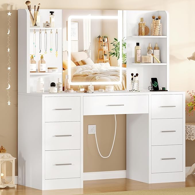 FIONESO Large Vanity Desk with LED Lighted Mirror & Power Outlet, Makeup Vanity Table with 7 Drawers,4 Shelves and 5 Hooks, White Vanity for Bedroom, Bathroom