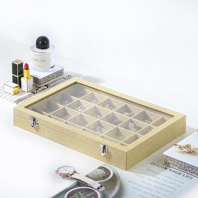 Coward Jewelry Organizer Box, Yellow Linen 24 Grids Ring Earring Jewelry Display Tray Case with Transparent Glass Lid for Home Drawer or Shop Selling - Image 5
