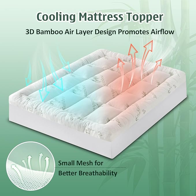DOWNCOOL 3 Inch Full Mattress Topper – Cooling Memory Foam Mattress Topper for Back Pain Relief, Breathable Bamboo Viscose Air Layer, 1700 GSM Fill, Deep Pocket Fits 8–21 Inch