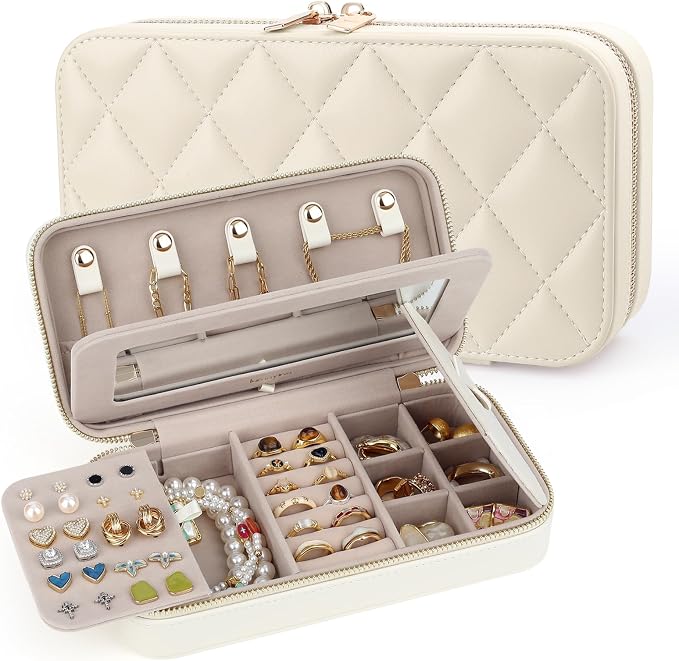 Travel Jewelry Case with Mirror, Quilted Small Jewelry Box Organizer for Women Girls, Portable Earring Necklace Bracelet Ring Holder Storage for Travel Weekend Trips (Beige) by Lumayina