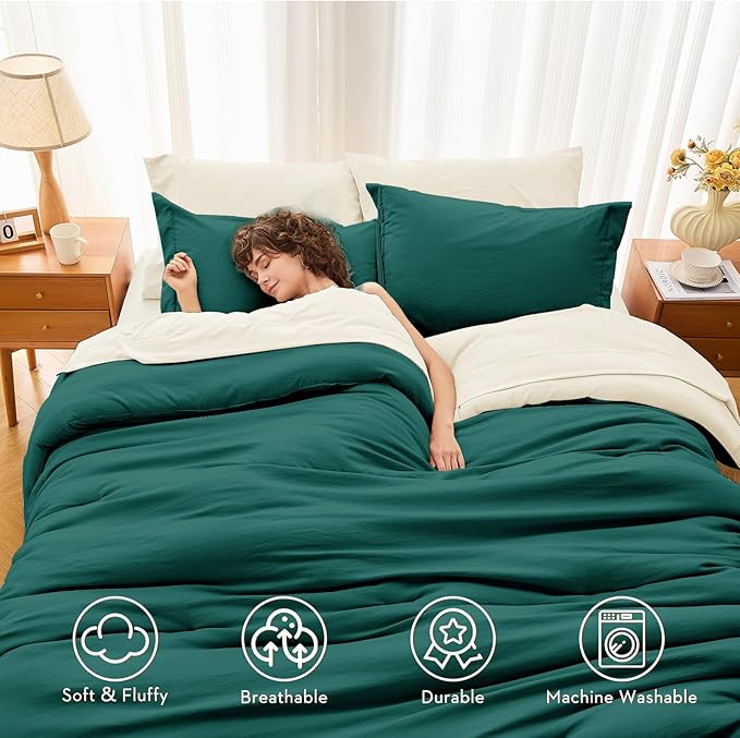 MUXHOMO 7 Pieces Queen Comforter Set, Soft Bed in a Bag Queen Size, All Season Bedding Set with Comforter, Flat Sheet, Fitted Sheet, Pillowcases & Shams, Peacock Blue & Ivory