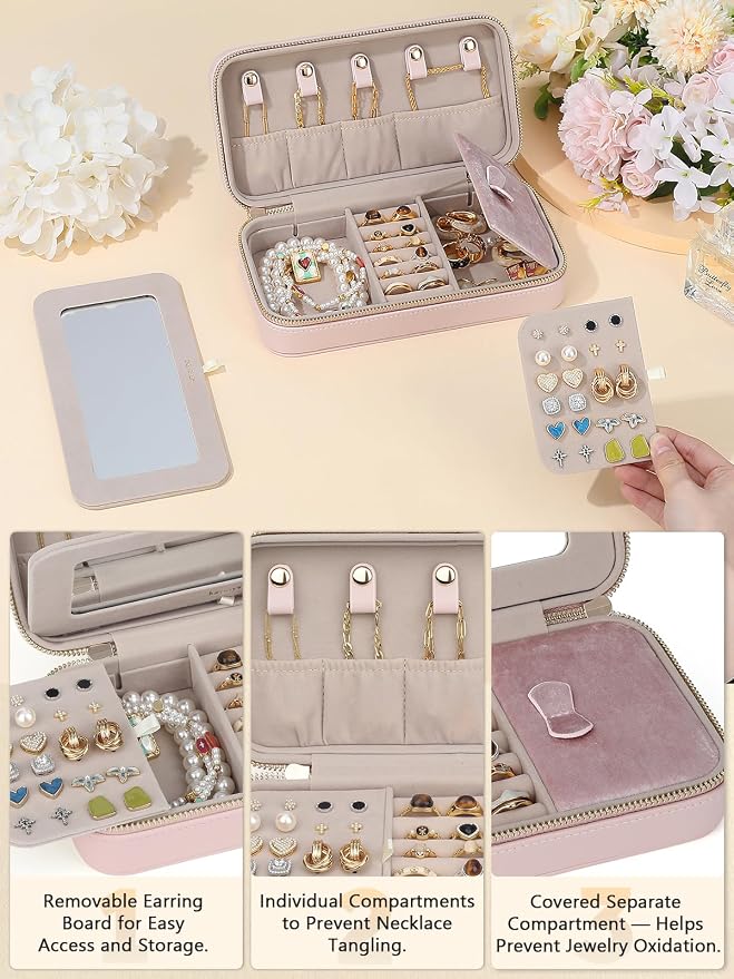 Travel Jewelry Case with Mirror, Quilted Small Jewelry Box Organizer for Women Girls, Portable Earring Necklace Bracelet Ring Holder Storage for Travel Weekend Trips (Blush Pink) - Image 2