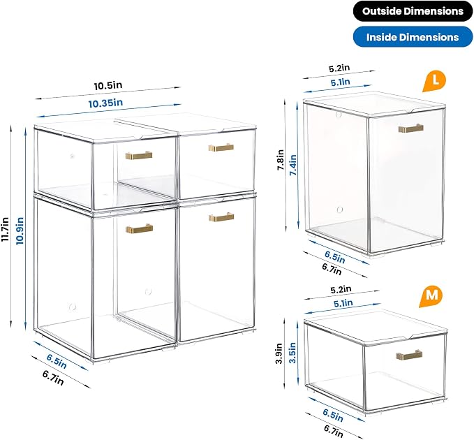 LALOBLUE Clear Stackable Drawer Organizer, 4 Pack Acrylic Storage Drawers with Pull-Out Design, Space-Saving Organizer for Bathroom, Vanity, Kitchen & Office - Image 3