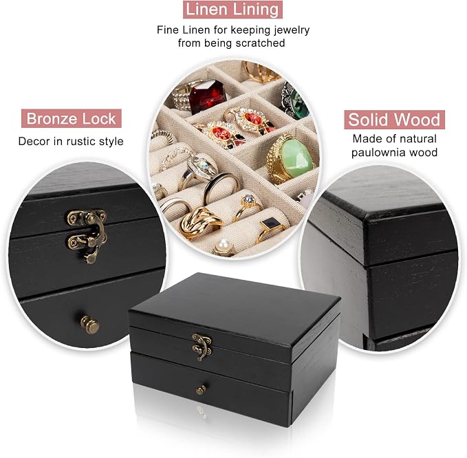 Pinzoveco Jewelry Box for Women, Rustic Wooden Jewelry Organizer Box for Storage Earrings Rings Necklace Bracelet, Farmhouse Style Wood Jewelry Boxes & Organizers (Black) - Image 5